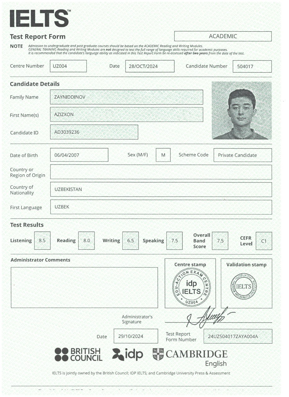 IELTS certificate scan, Overall Band 7.5